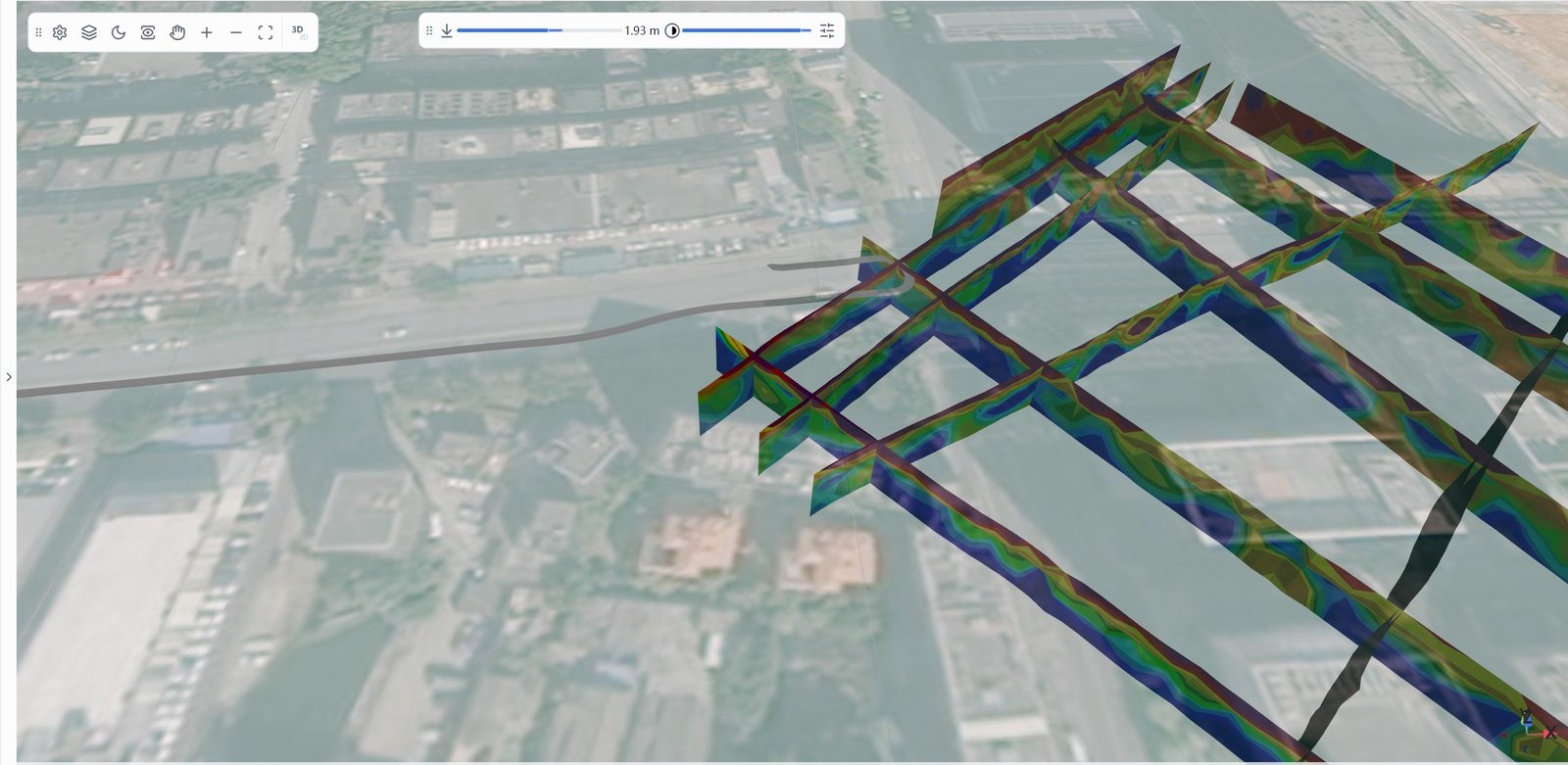 Inverted fence sections from multiple ERT survey lines stand upright in 3D space